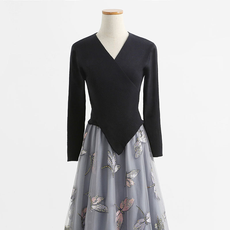 New long skirt fairy mesh embroidery temperament French small black skirt  2198