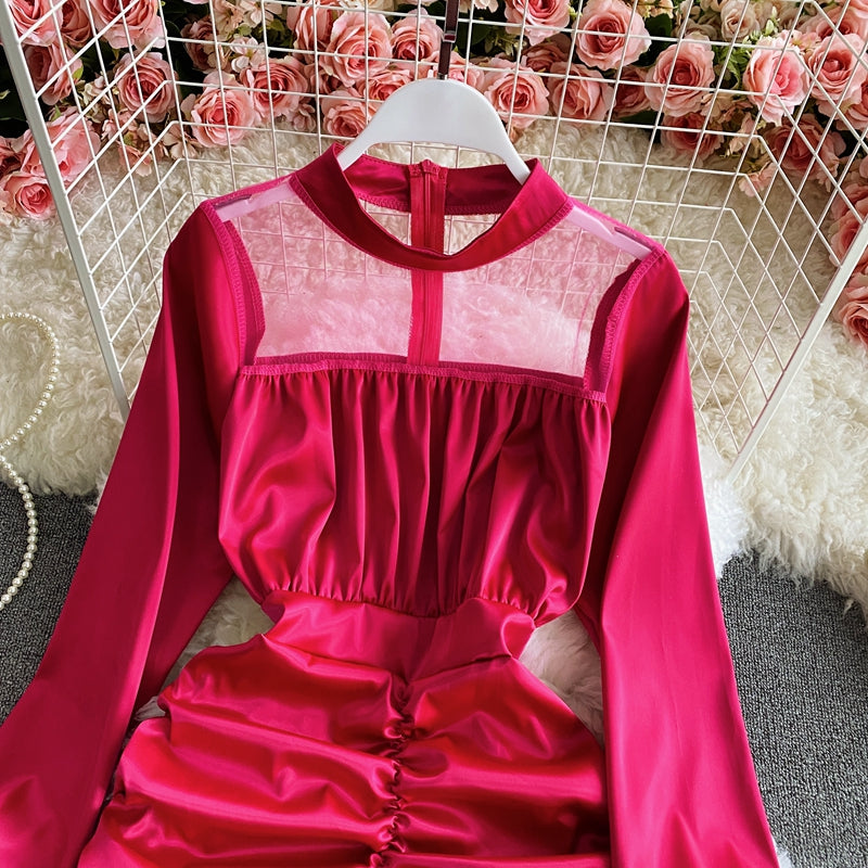 Gauze stitching thin pleated high cold imperial sister wind wrapped hip dress  3158