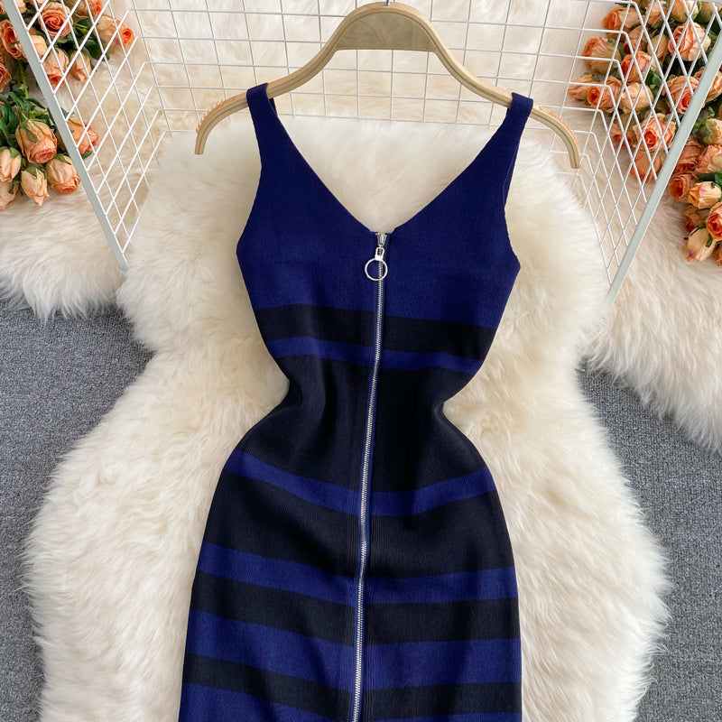 Sleeveless zipper V-neck contrast medium length knitted vest skirt  2992