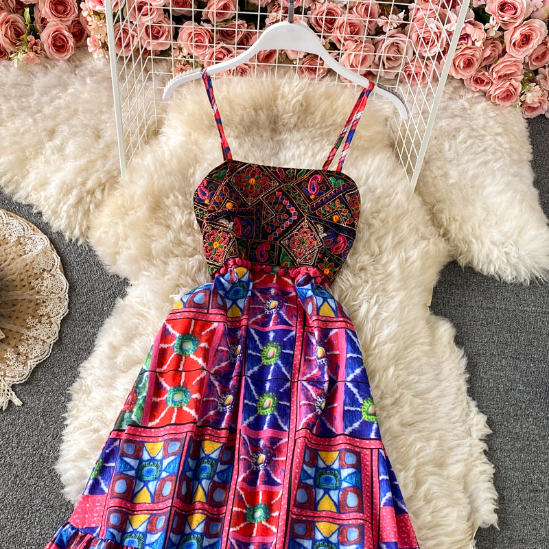 Printed ethnic embroidery suspender dress  3439