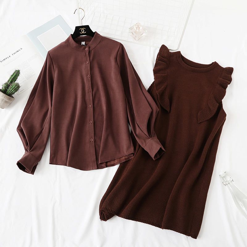 Two piece slim sweater knit vest vest with shirt skirt  2348