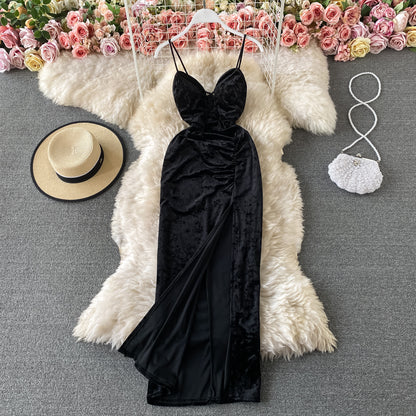 Banquet wine red evening dress velvet suspender split dress  3309