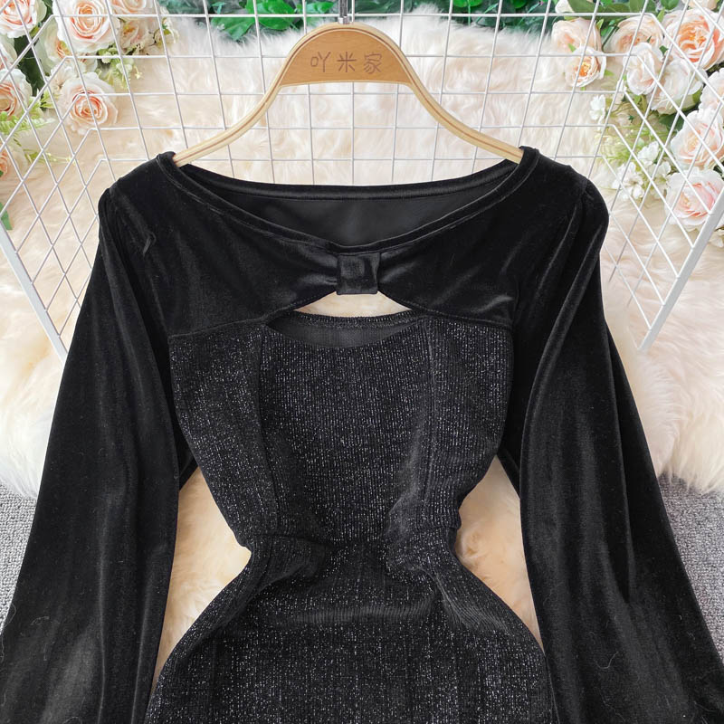 Round neck velvet patchwork French Vintage Dress  3395
