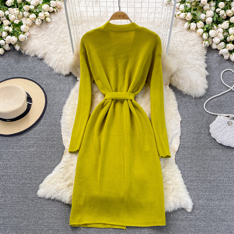 Gentle style V-neck knitted dress temperament thin sweater skirt  3379