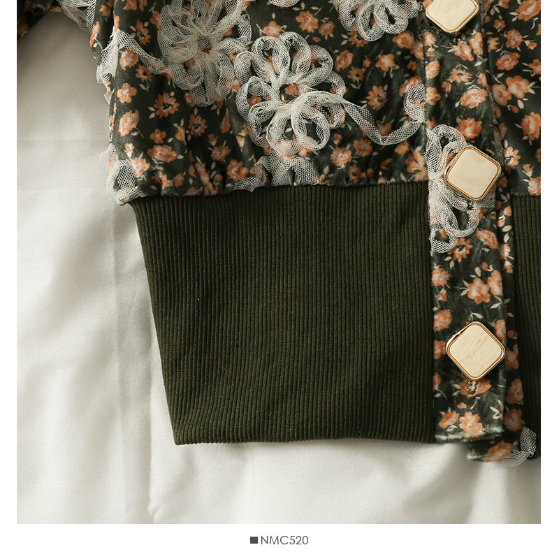 Hong Kong Vintage printed round neck single breasted cardigan top women's jacket  2115