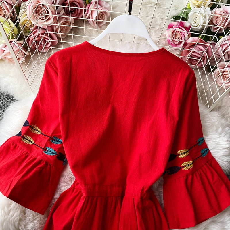 Embroidered trumpet sleeve V-neck waist cotton hemp loose holiday dress  2948