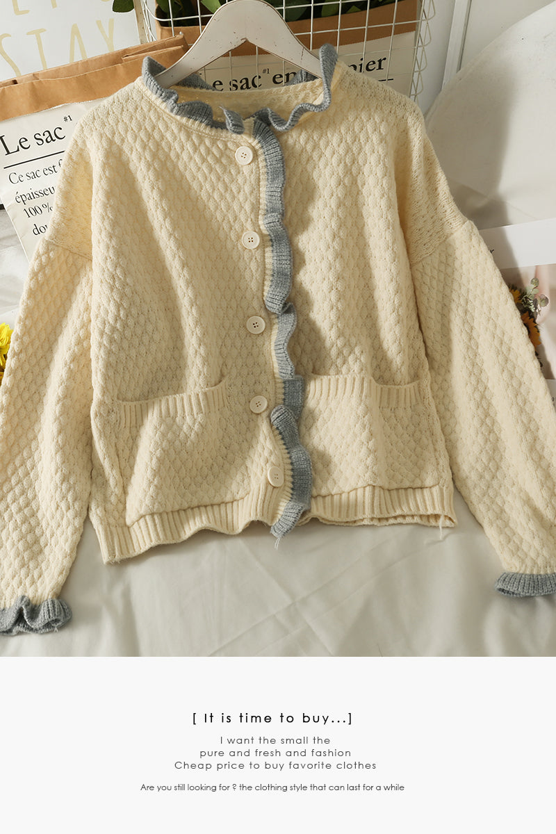 Farblich passender einreihiger Cardigan im Retro-Stil im Hongkong-Stil mit Agaric-Rand 1707