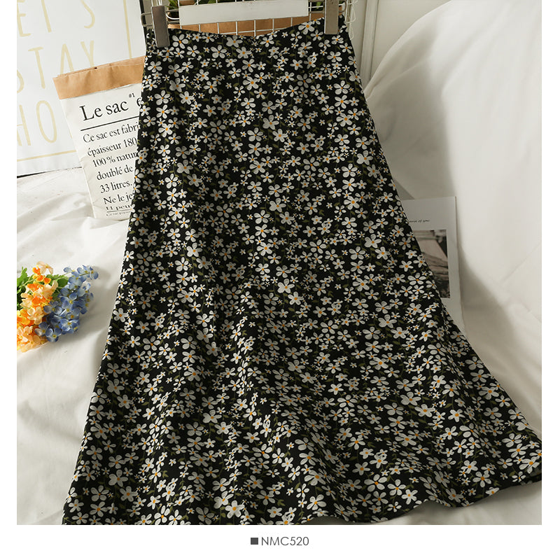 Hong Kong style retro floral high waist medium length A-line skirt  2485