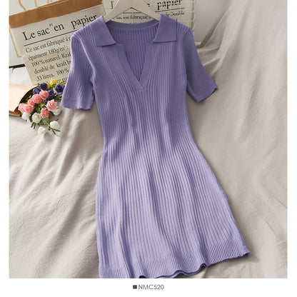 Simple and versatile solid color tight Lapel high waist wrap hip dress  2689