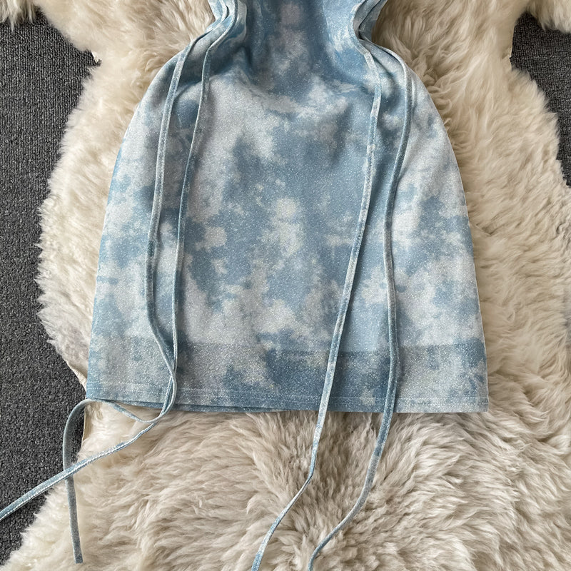 Tie dyed one shoulder strapless dress  2809