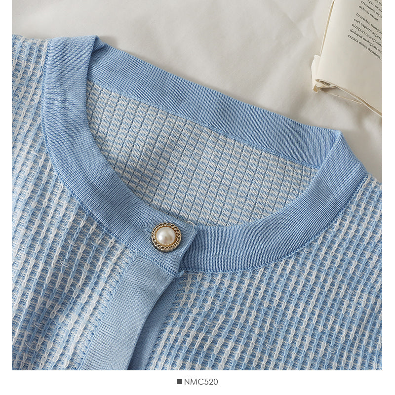 Korean Vintage round neck pearl single breasted plaid sweater  2030