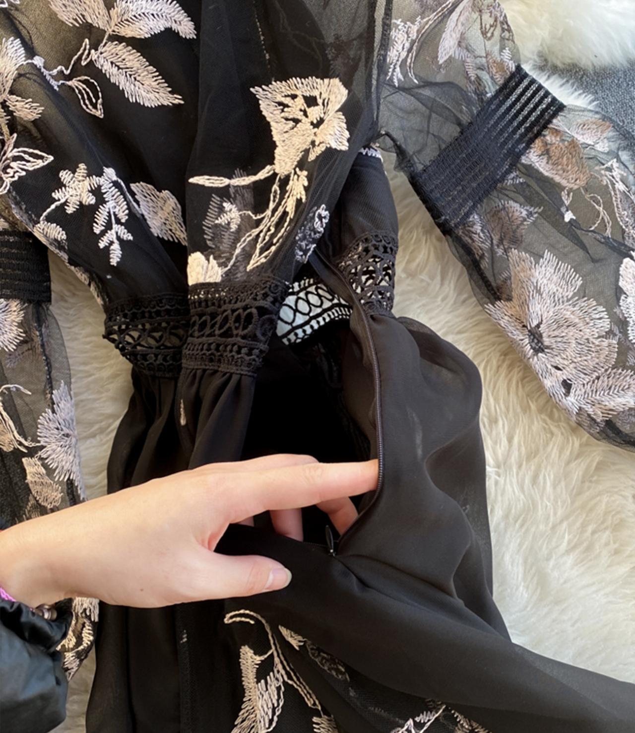 Unique A line embroidery dress black dress  1308