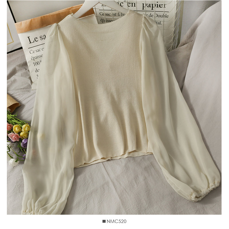 Korean Chiffon stitched bubble long sleeve T-shirt  2027