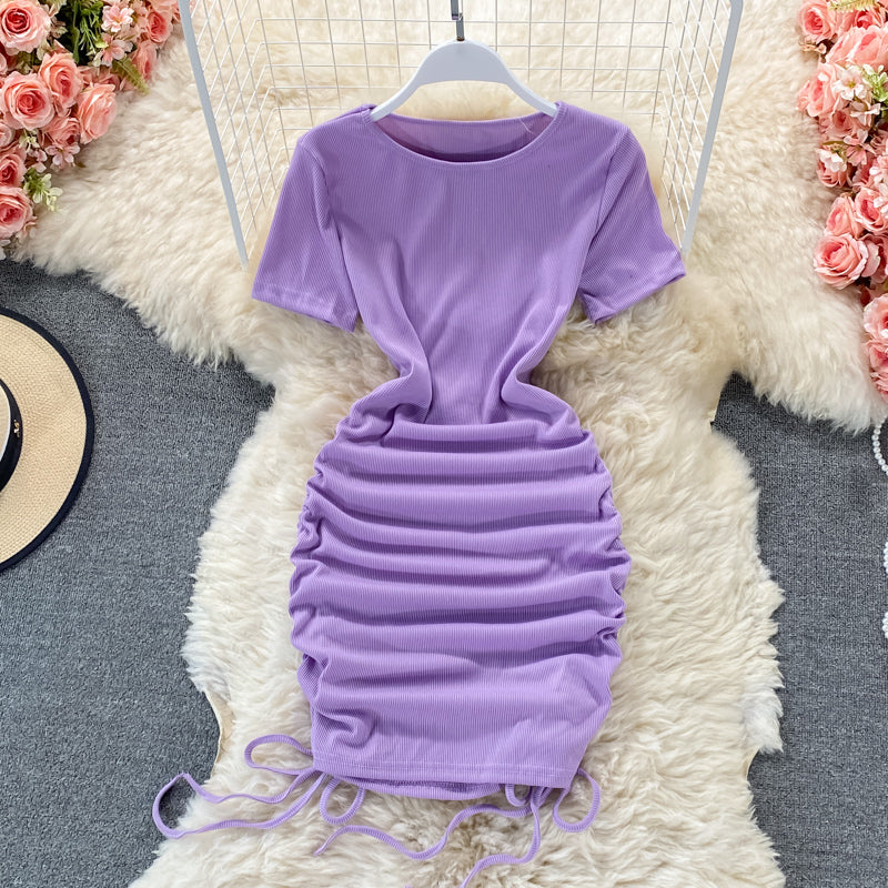 Sexy drawstring temperament slim round neck tight buttock dress  2777