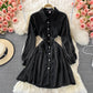 Slim long sleeve A-line shirt skirt waist puffy dress  3356