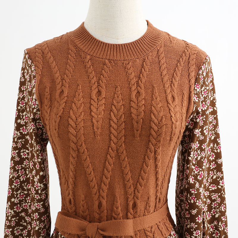 Floral dress lace up stitched corduroy bottomed skirt thin knit long skirt  2339