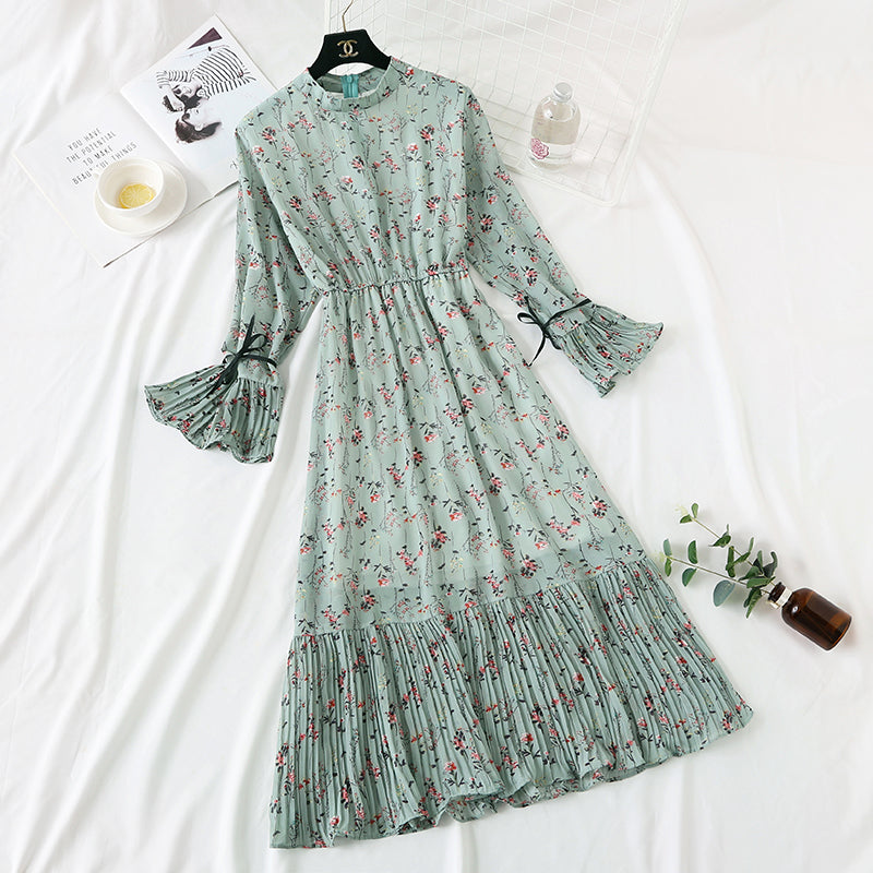 New French retro pleated flare sleeve bottomed long skirt  2359