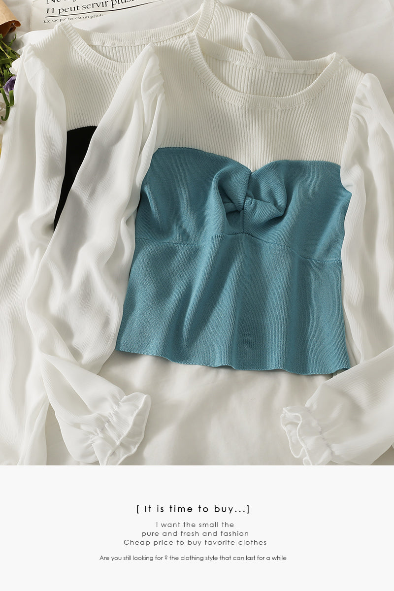Han Fan contrast color slim wrinkled sweater women  1721