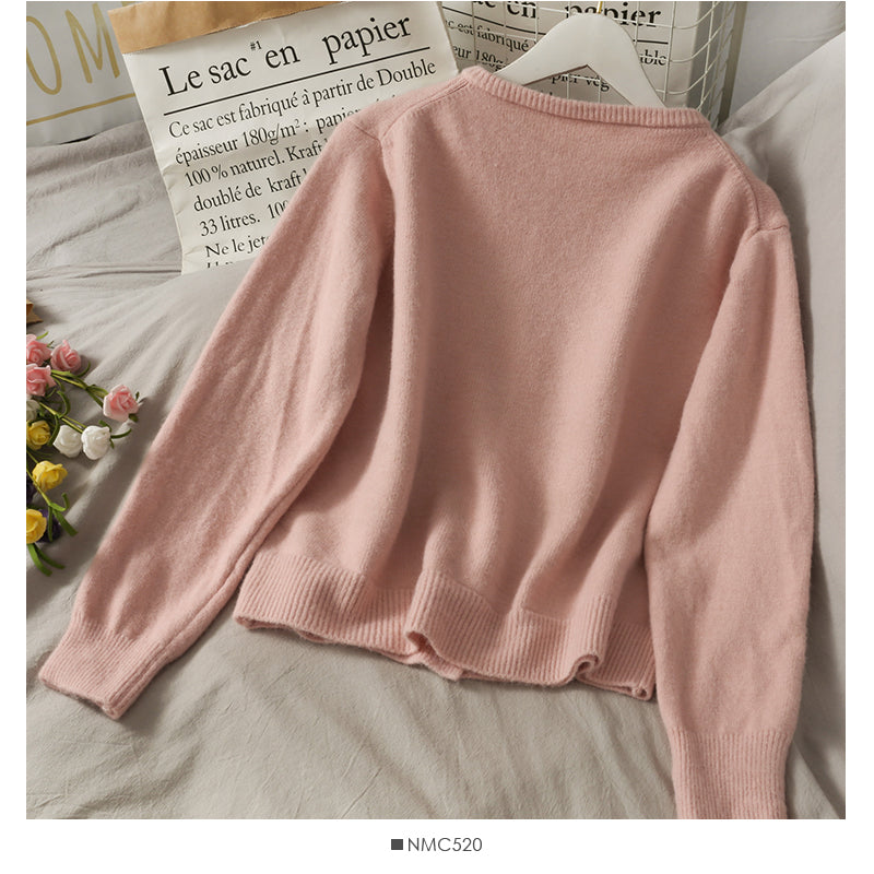 Sweet wind pearl single breasted crew neck cardigan sweater  1718