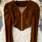 French retro velvet niche V-neck zipper bubble sleeve  1557