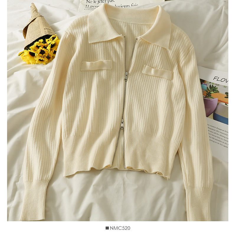 Lapel Zip Cardigan long sleeve vertical stripe top  1830