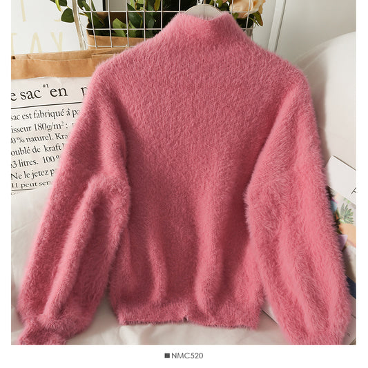 Pullover Damen Plüsch High Neck Slim Fit einfarbig vielseitig Langarm Top 1764