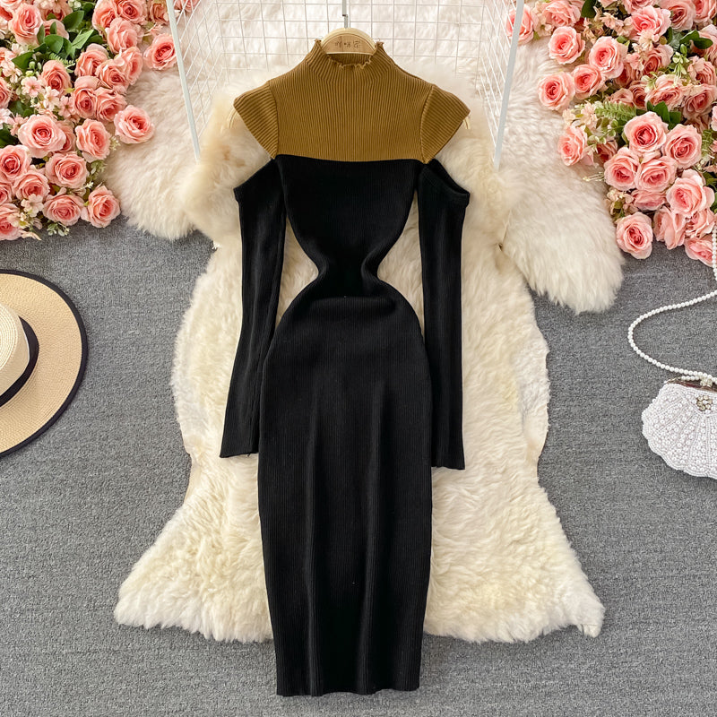French Vintage stand collar knit dress  3358