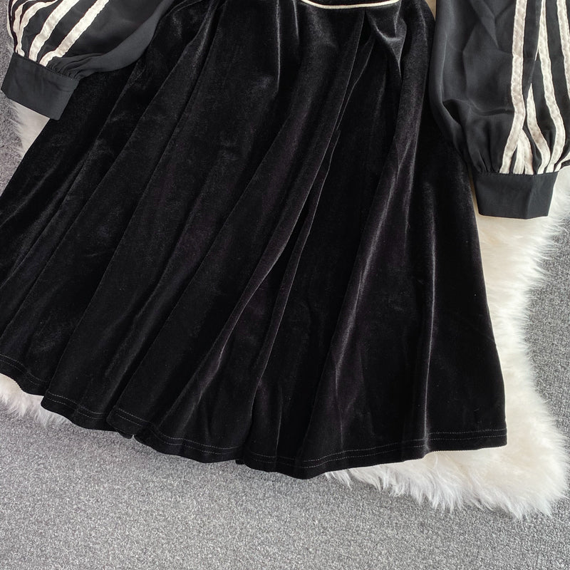 Robe en velours faux deux pièces à manches longues et à rayures de qualité 3229