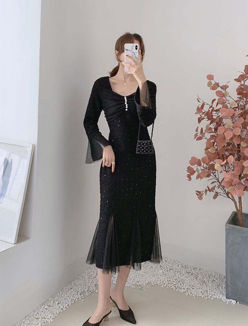 New women's dress with waist closed to show thin temperament French mesh super fairy fishtail  2130