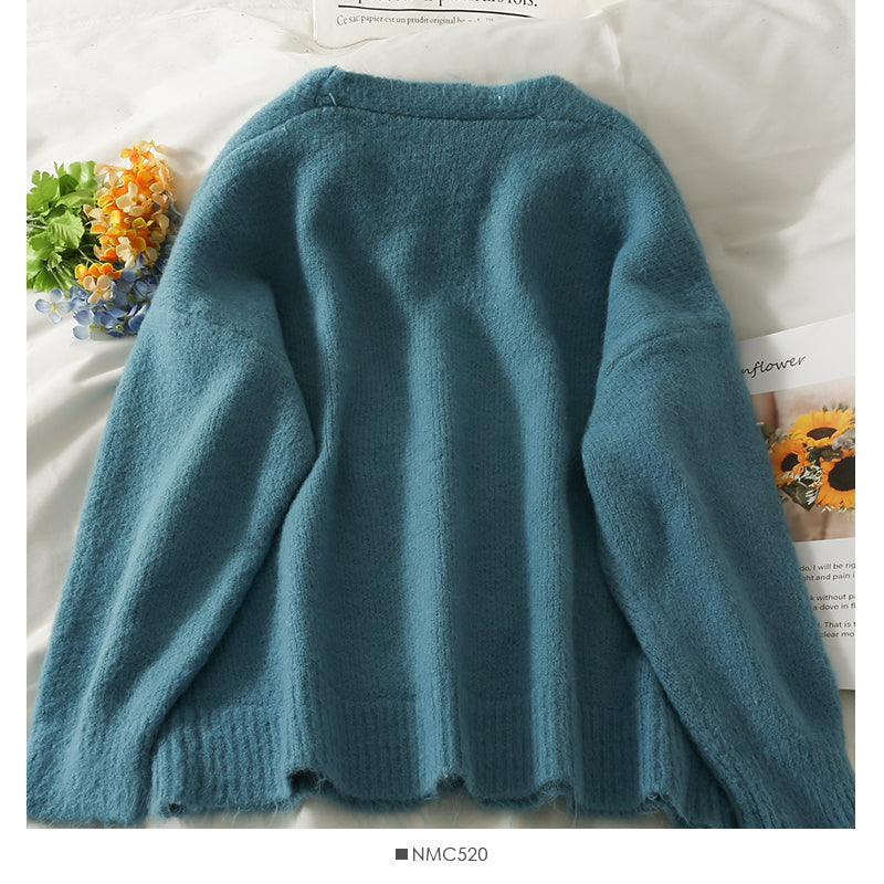 Sweater women's low neck single breasted cardigan long sleeved top solid color versatile  2044