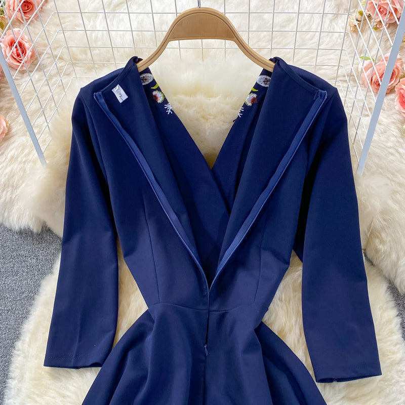 Temperament V-neck lace up skirt Ruffle embroidered dress  3250