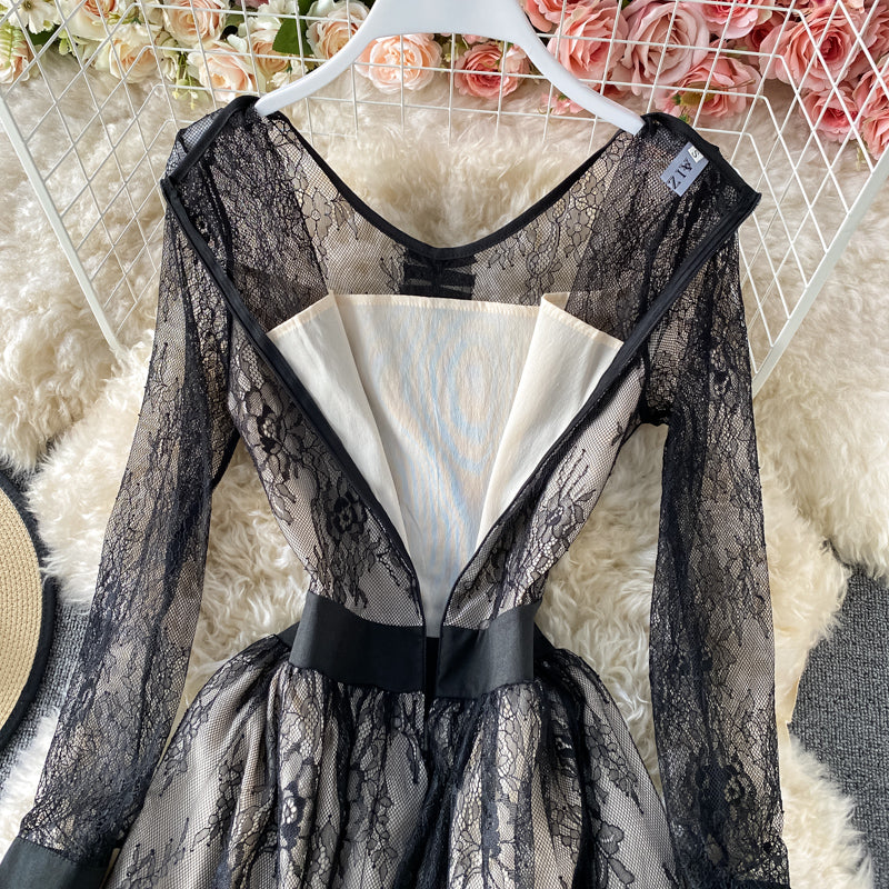 Mesh stitched Lace Waist high-end solid dress  3181