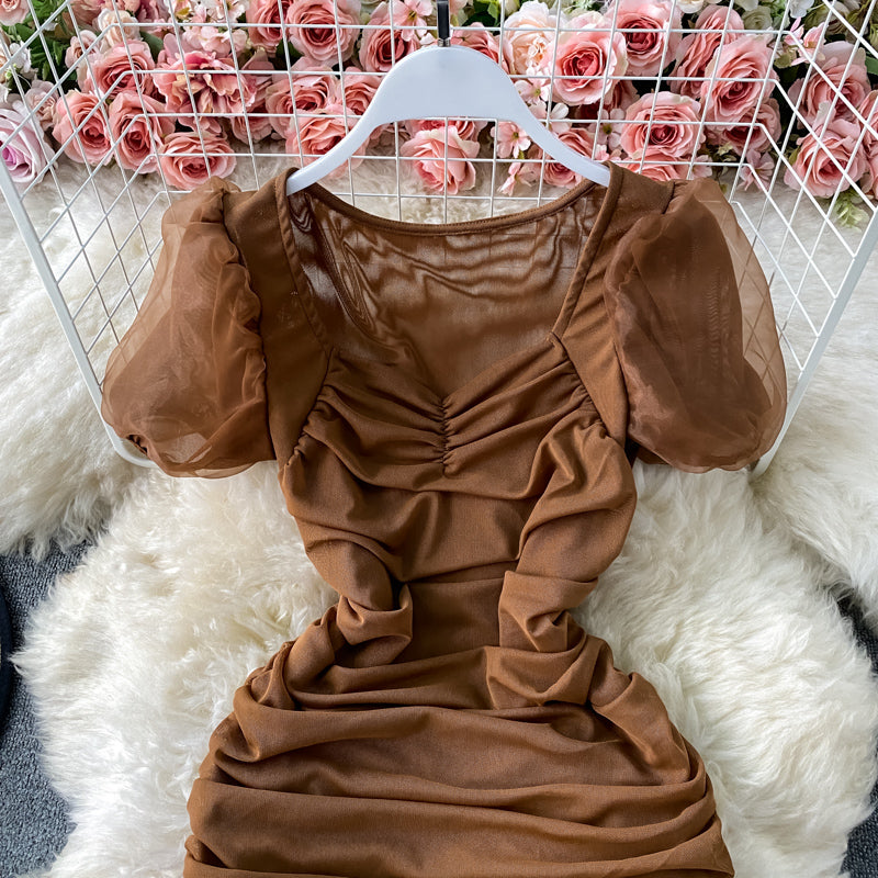 French square neck bubble sleeve mesh Pleated Dress  2787