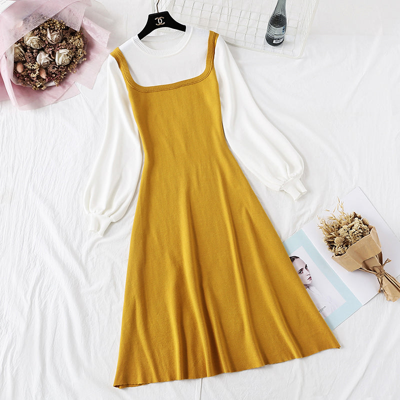 New French retro color matching college slim bottomed sweater long skirt  2424