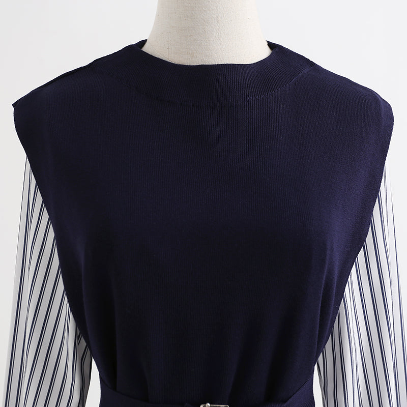 Temperament striped shirt knitted vest two-piece suit dress  2278