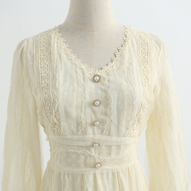 New women's skirt retro stitching lace fairy skirt temperament gentle dress  2247