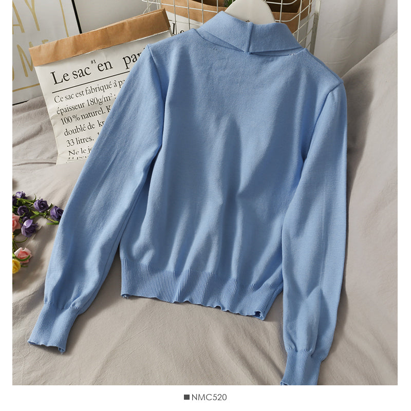 Sweet and versatile bow stand collar single breasted Pullover Sweater  2026