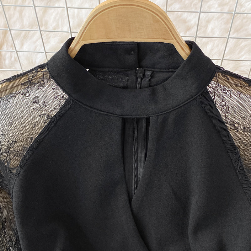Mesh stitched long sleeve perspective Hip Wrap waist black dress  3228