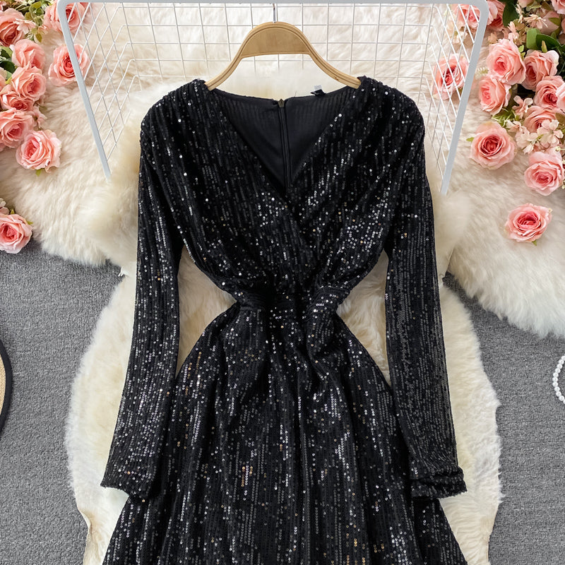 Sexy V-neck irregular Sequin dress  3097