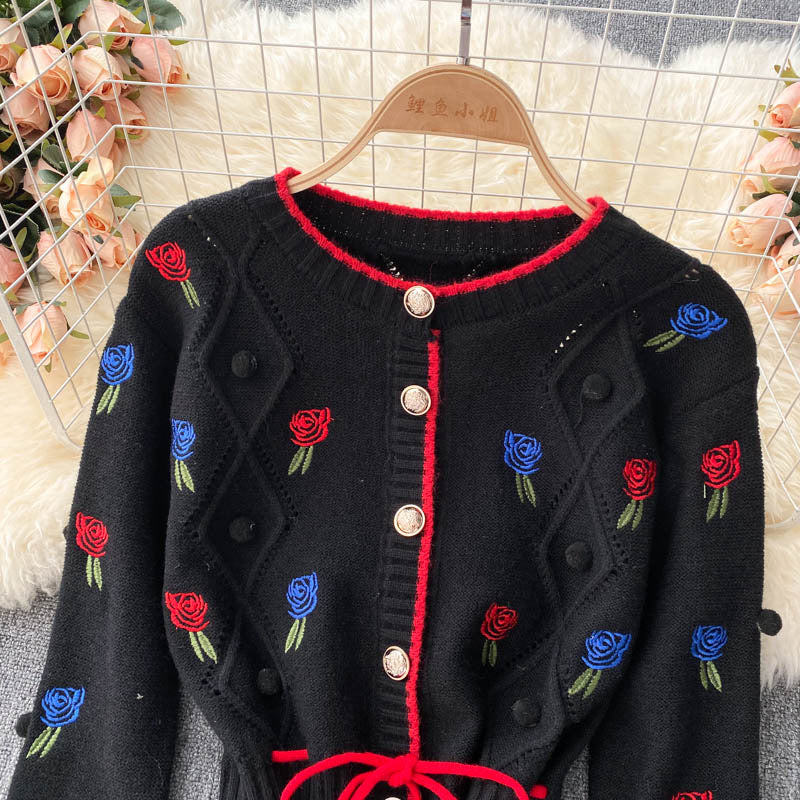 Strick-Cardigan, Vintage, gestickte Blume, lockerer Langarm-Pullover, kurzer Absatz, Spaghettiträger-Oberteil, süße Zweier-Sets 1339