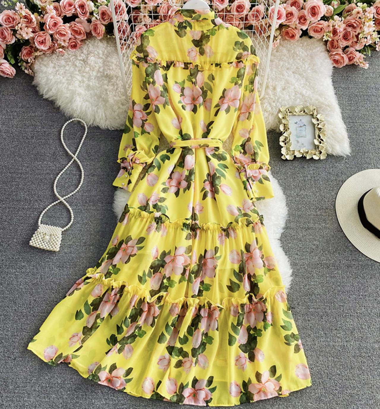 Gelbes Blumenkleid in A-Linie 1307