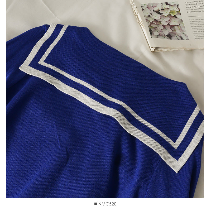 Striped single breasted Navy neck loose knit women's shirt  2063