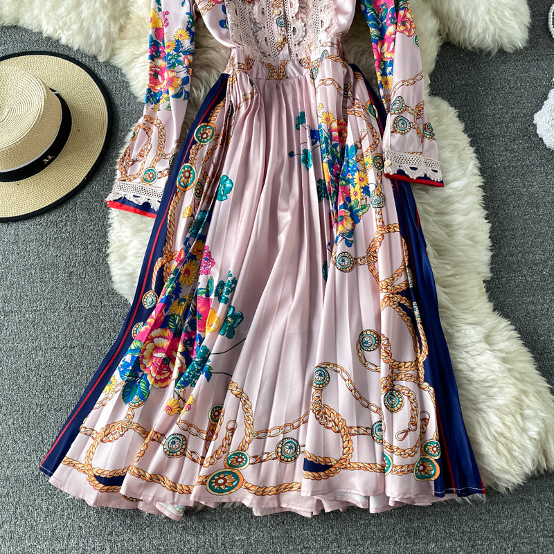Celebrity temperament foreign style bow print Pleated Dress  3167