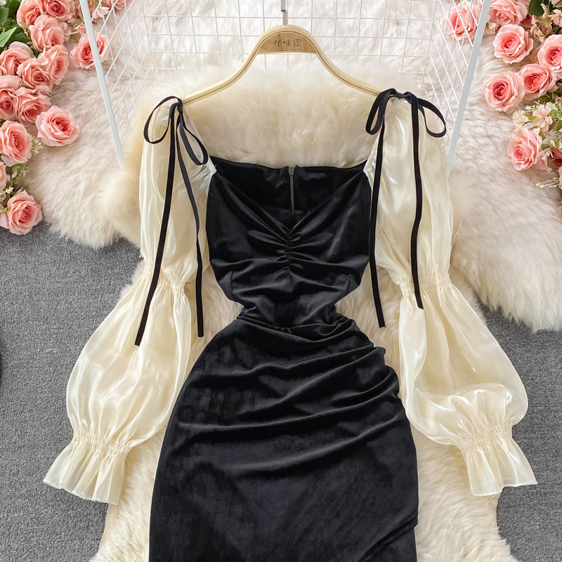 Sexy bubble sleeve temperament slim wrap hip dress  3264