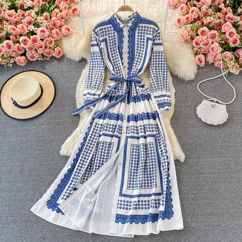 Gentle print lace up Lapel single breasted dress  3368