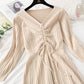 New knitted dress long sleeve lace up pleated Lace Panel bottomed skirt  2454