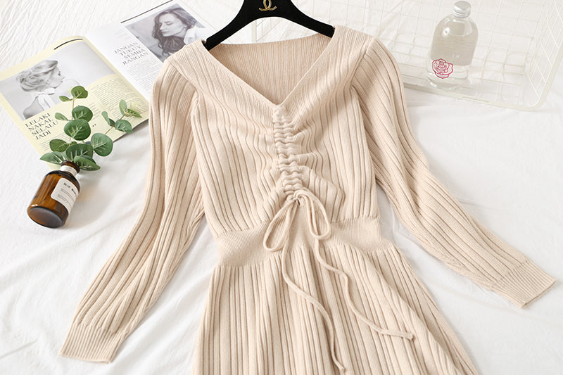 New knitted dress long sleeve lace up pleated Lace Panel bottomed skirt  2454