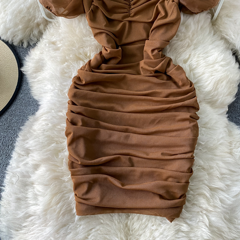 French square neck bubble sleeve mesh Pleated Dress  2787