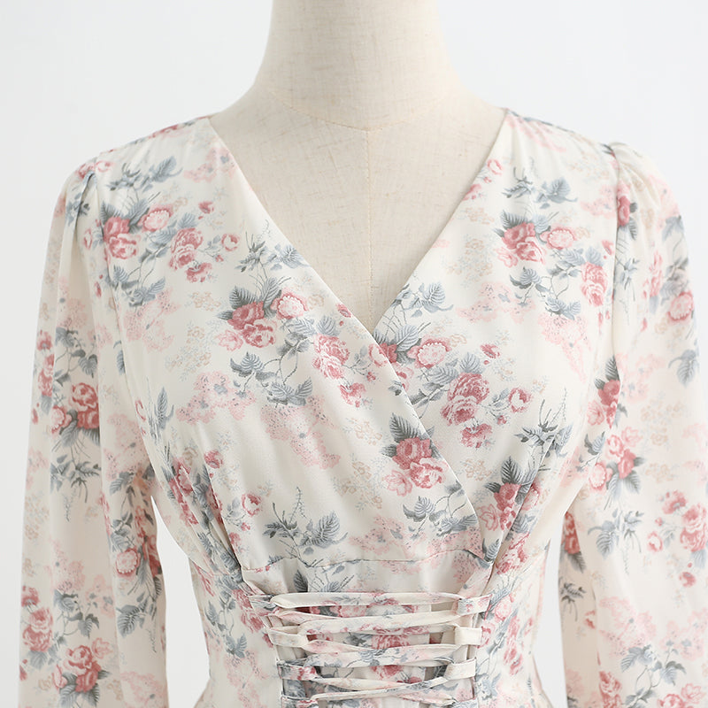 Women's floral dress thin chiffon skirt bandage gentle wind tea break skirt  2179