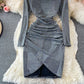 Tassel stitched bright silk irregular fold wrap hip round neck dress  3093